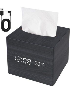 Home Black Digital Cordless Alarm Temperature Display Wooden Tissue Box Clock